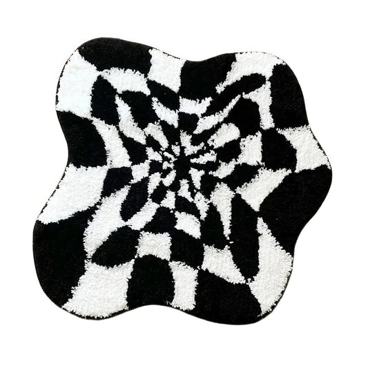 Wavy Checkered Black & White Optical Illusion Rug