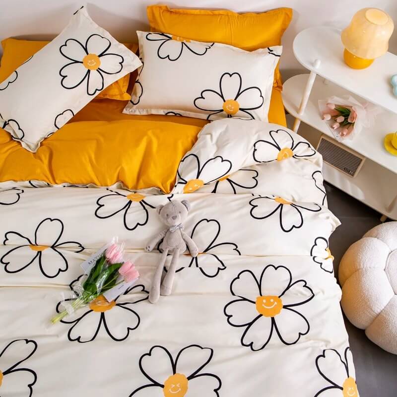 Daisy Smiley Bedding Set bed sheet bedsheets chamomile cute flower daisy flower floral flower flowers smile flower SUB CATEGORY_Bedding Sets