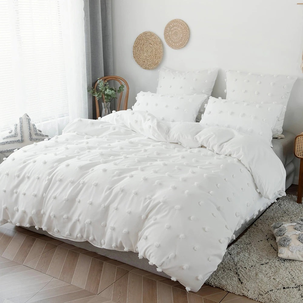 White Pom Pom Bedding Set AESTHETIC_Art Hoe AESTHETIC_Boho AESTHETIC_Soft Girl bed sheet bedsheets bows plush ruffles SUB CATEGORY_Bedding Sets white