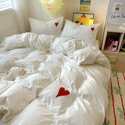 White Washed Cotton Bedding Set With Red Embroidered Heart