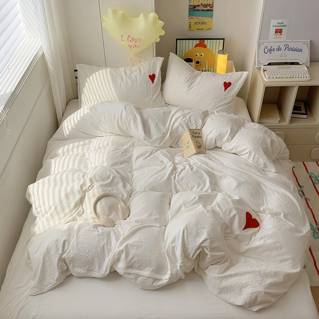 White Washed Cotton Bedding Set With Red Embroidered Heart