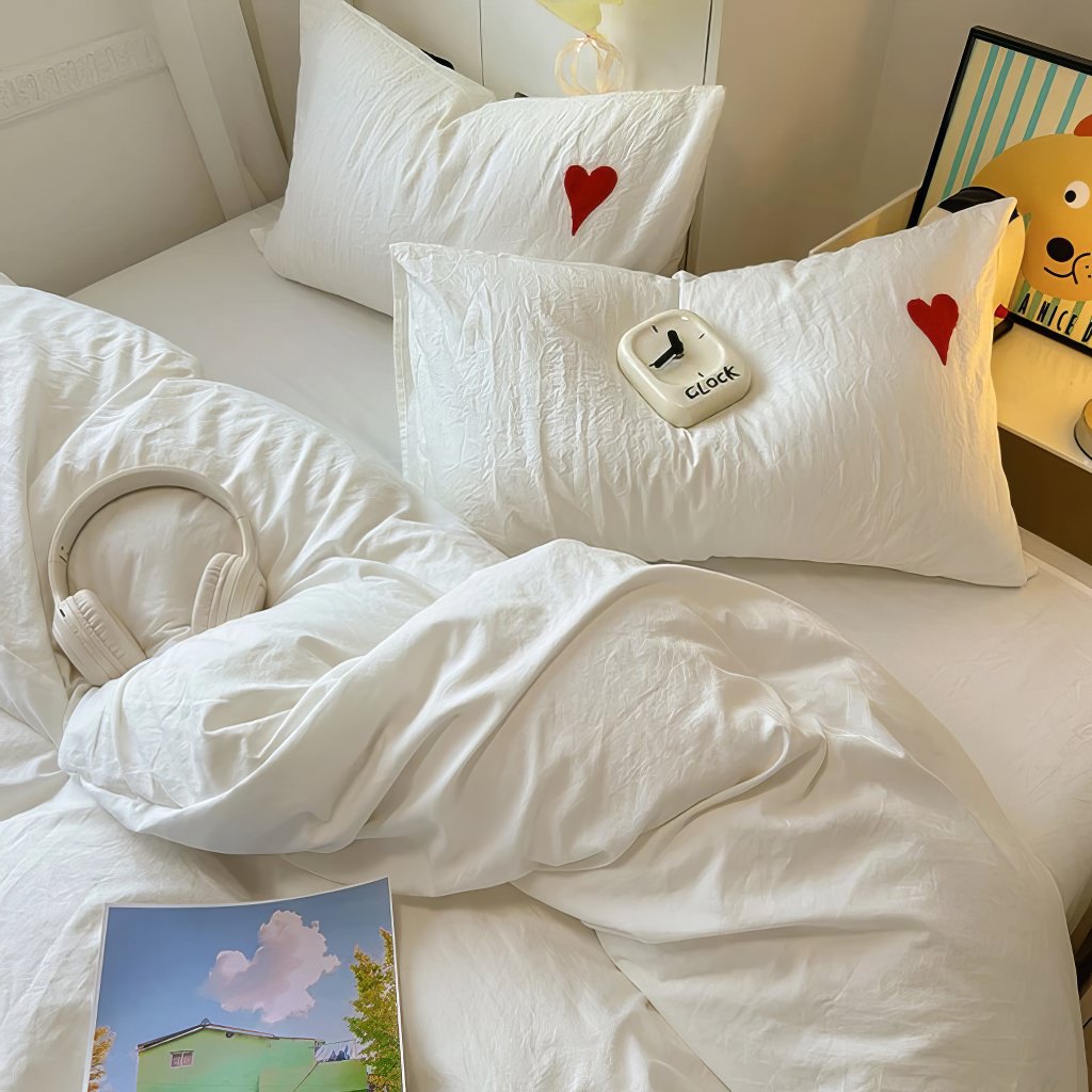 White Washed Cotton Bedding Set With Red Embroidered Heart