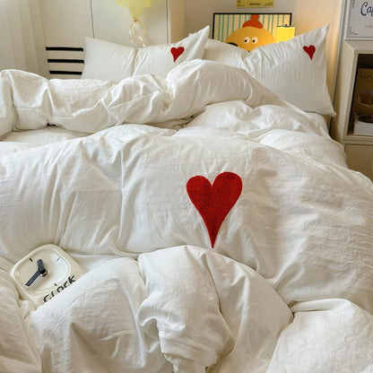 White Washed Cotton Bedding Set With Red Embroidered Heart