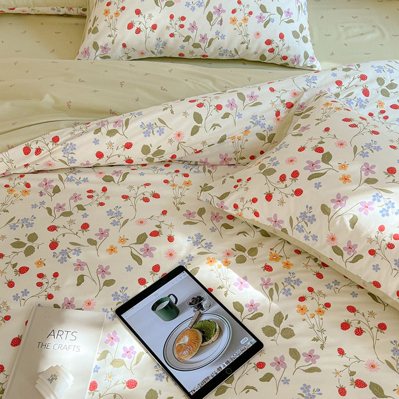 Wild Strawberries Cotton Bedding Set bed sheet bedsheets coquette cottagecore duvet cover