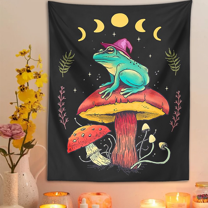 Wizard Frog Tapestry fairycore moon phases mystery sun moon