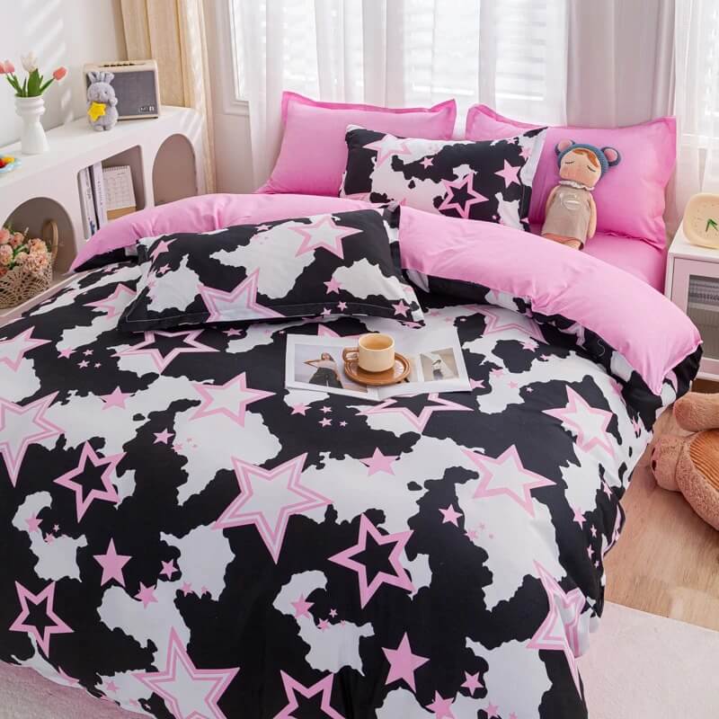 Y2K Stars Bedding Set bed sheet bedsheets black and white black white pink SUB CATEGORY_Bedding Sets