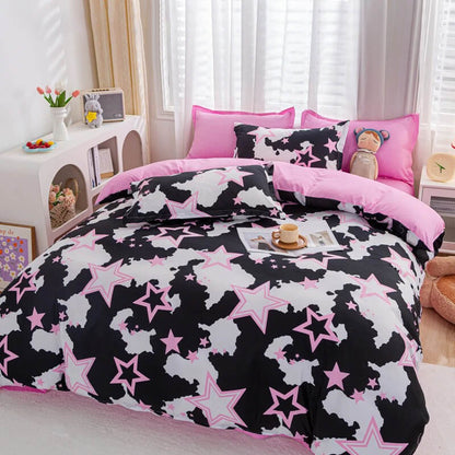 Y2K Stars Bedding Set bed sheet bedsheets black and white black white pink SUB CATEGORY_Bedding Sets