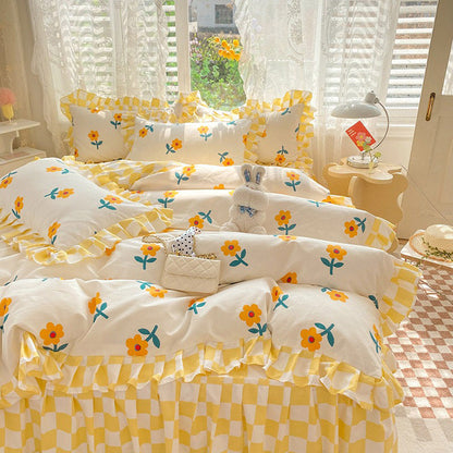 Yellow Flowers Checkered Bedding Set bed sheet bedsheets coquette duvet cover