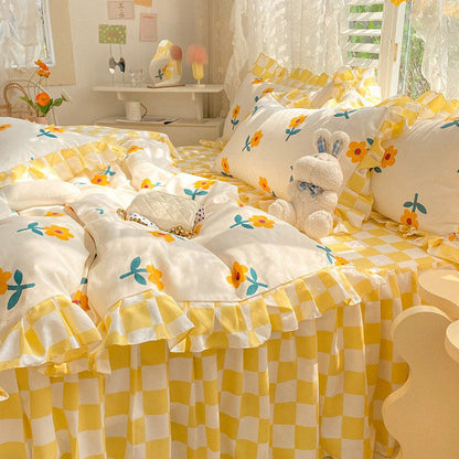 Yellow Flowers Checkered Bedding Set bed sheet bedsheets coquette duvet cover