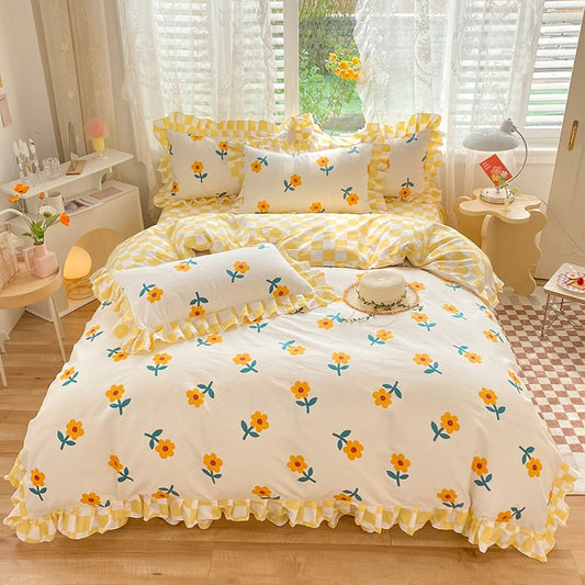 Yellow Flowers Checkered Bedding Set bed sheet bedsheets coquette duvet cover