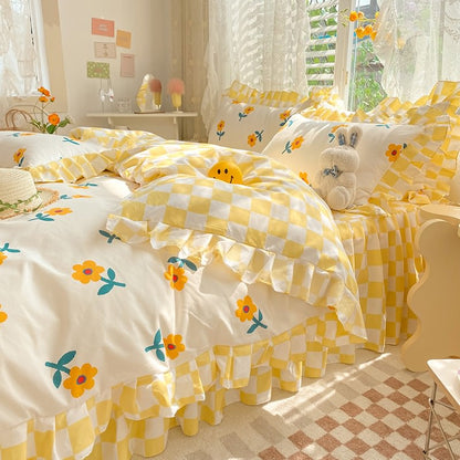 Yellow Flowers Checkered Bedding Set bed sheet bedsheets coquette duvet cover