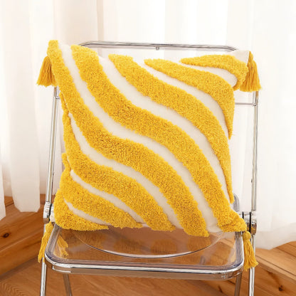 Wavy Yellow Stripes Tufted Cushion Cover