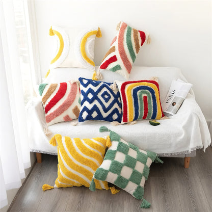 Wavy Yellow Stripes Tufted Cushion Cover