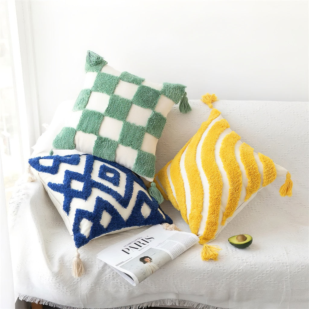 Wavy Yellow Stripes Tufted Cushion Cover