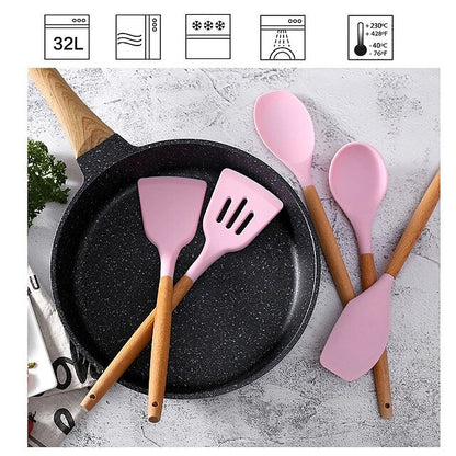 12-Piece: Wood Handle Silicone Kitchenware __stock:200 Kitchen & Dining refund_fee:1800