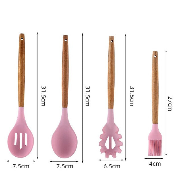 12-Piece: Wood Handle Silicone Kitchenware __stock:200 Kitchen & Dining refund_fee:1800