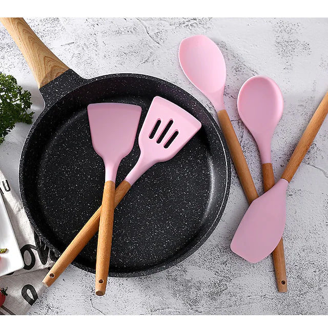 12-Piece: Wood Handle Silicone Kitchenware __stock:200 Kitchen & Dining refund_fee:1800