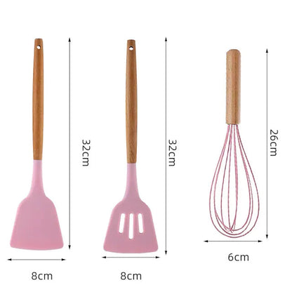 12-Piece: Wood Handle Silicone Kitchenware __stock:200 Kitchen & Dining refund_fee:1800