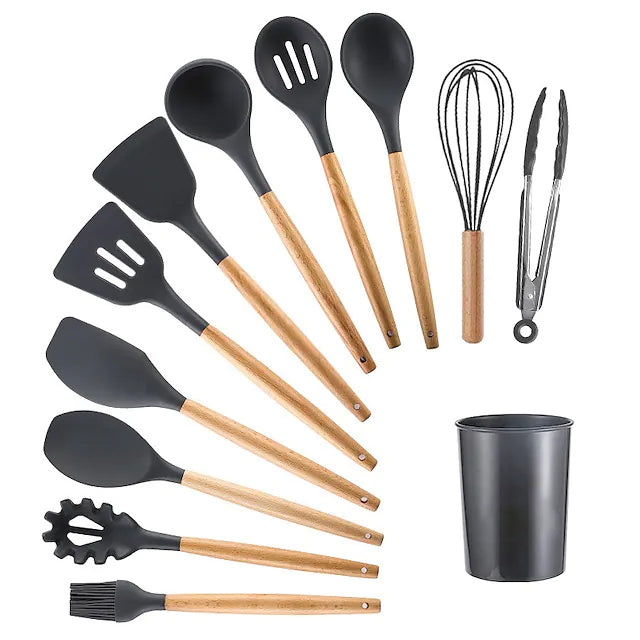 12-Piece: Wood Handle Silicone Kitchenware Gray __stock:200 Kitchen & Dining refund_fee:1800