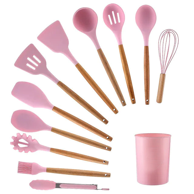 12-Piece: Wood Handle Silicone Kitchenware Pink __stock:200 Kitchen & Dining refund_fee:1800