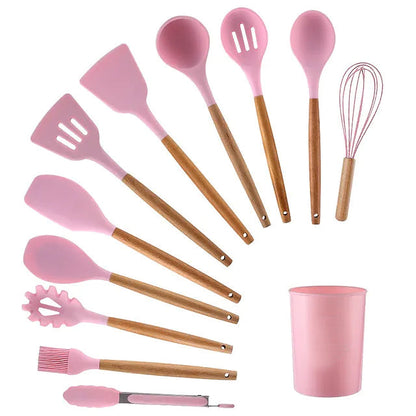 12-Piece: Wood Handle Silicone Kitchenware Pink __stock:200 Kitchen & Dining refund_fee:1800