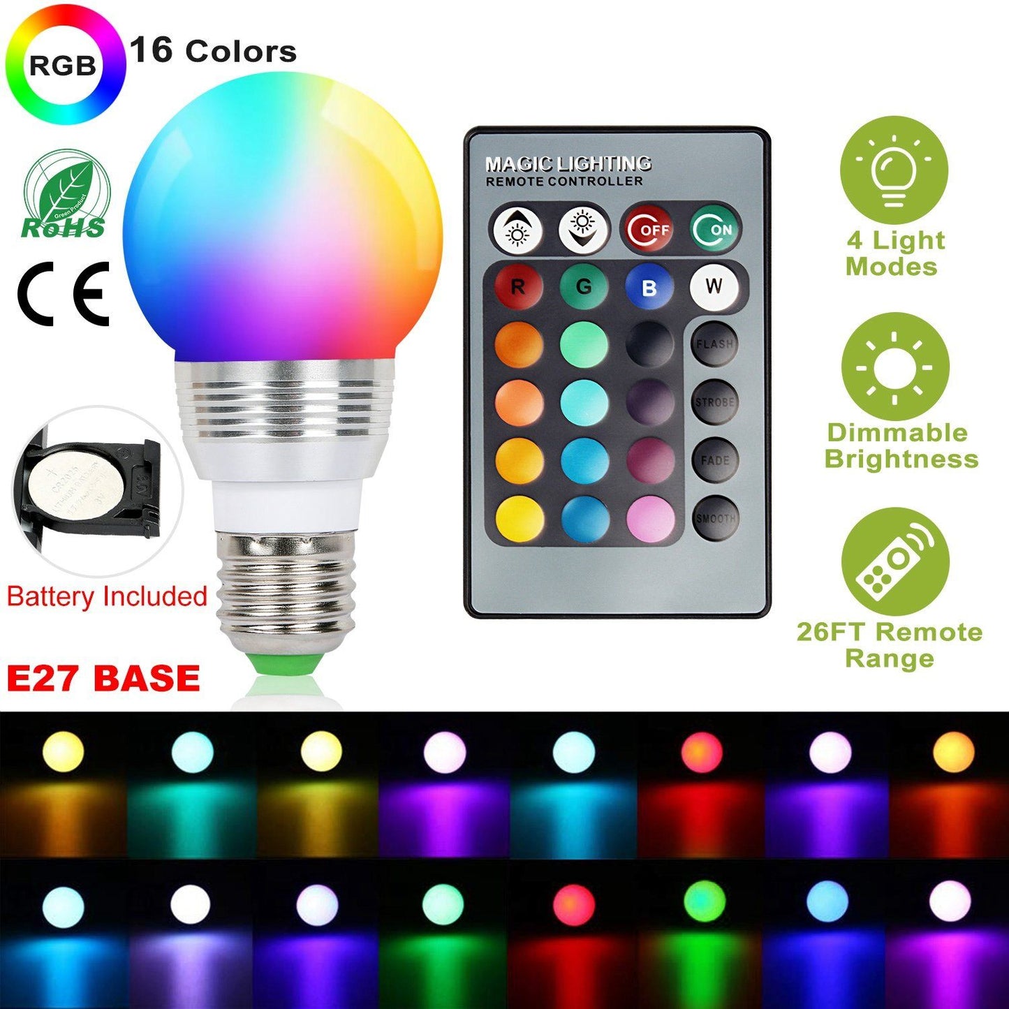 16 Colors Change LED Bulbs E27 3W RGD Dimmable Mood Lighting Lamp __stock:100 Indoor Lighting Low stock refund_fee:800 Warranty