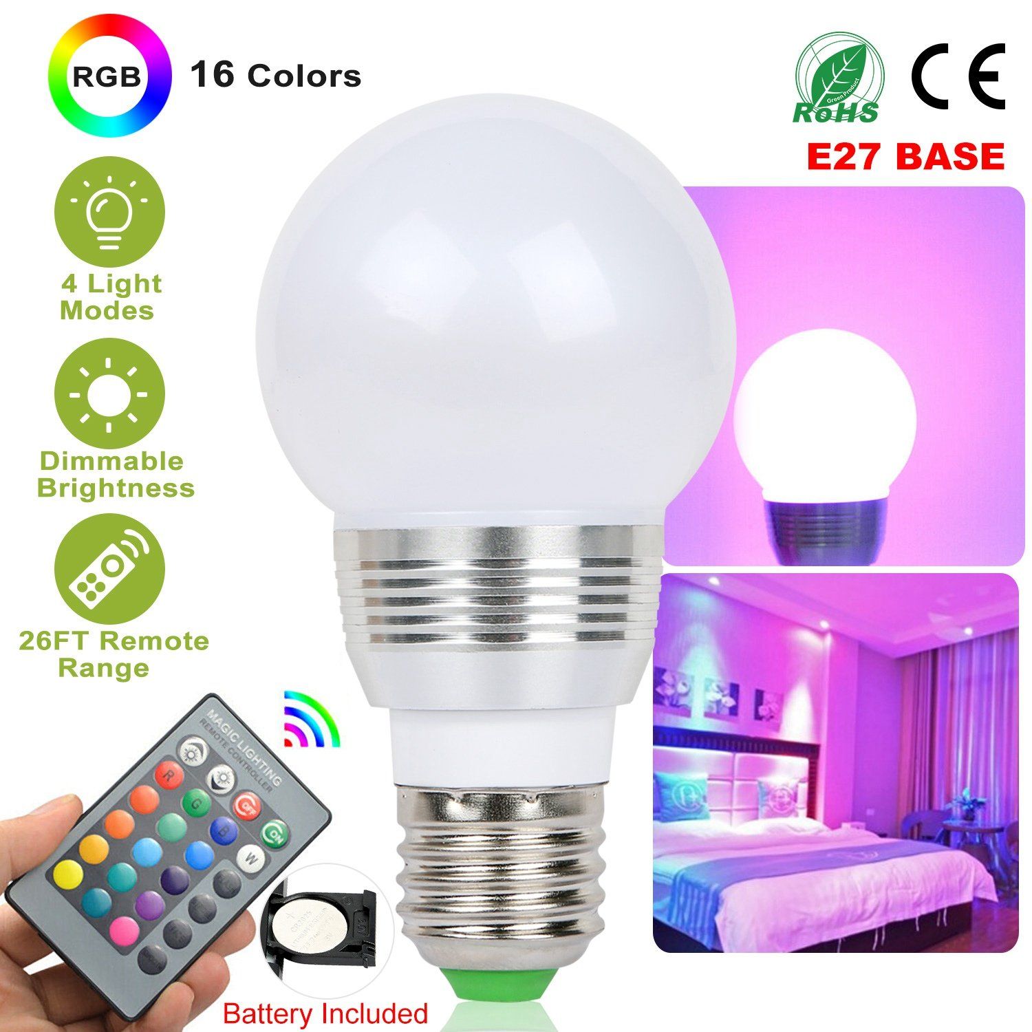 16 Colors Change LED Bulbs E27 3W RGD Dimmable Mood Lighting Lamp __stock:100 Indoor Lighting Low stock refund_fee:800 Warranty