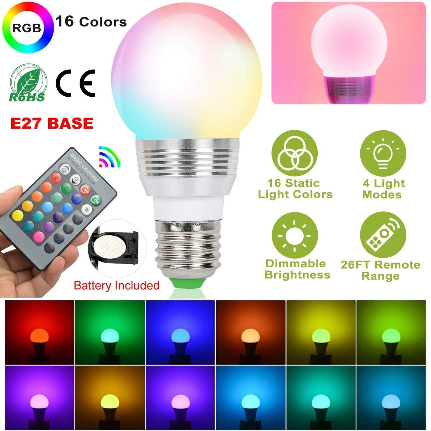 16 Colors Change LED Bulbs E27 3W RGD Dimmable Mood Lighting Lamp __stock:100 Indoor Lighting Low stock refund_fee:800 Warranty