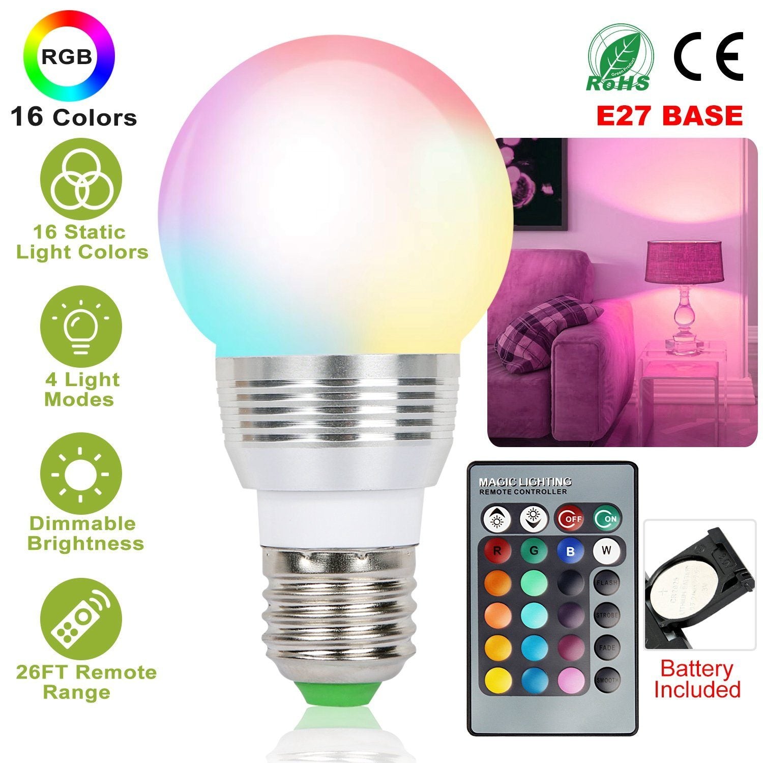 16 Colors Change LED Bulbs E27 3W RGD Dimmable Mood Lighting Lamp __stock:100 Indoor Lighting Low stock refund_fee:800 Warranty