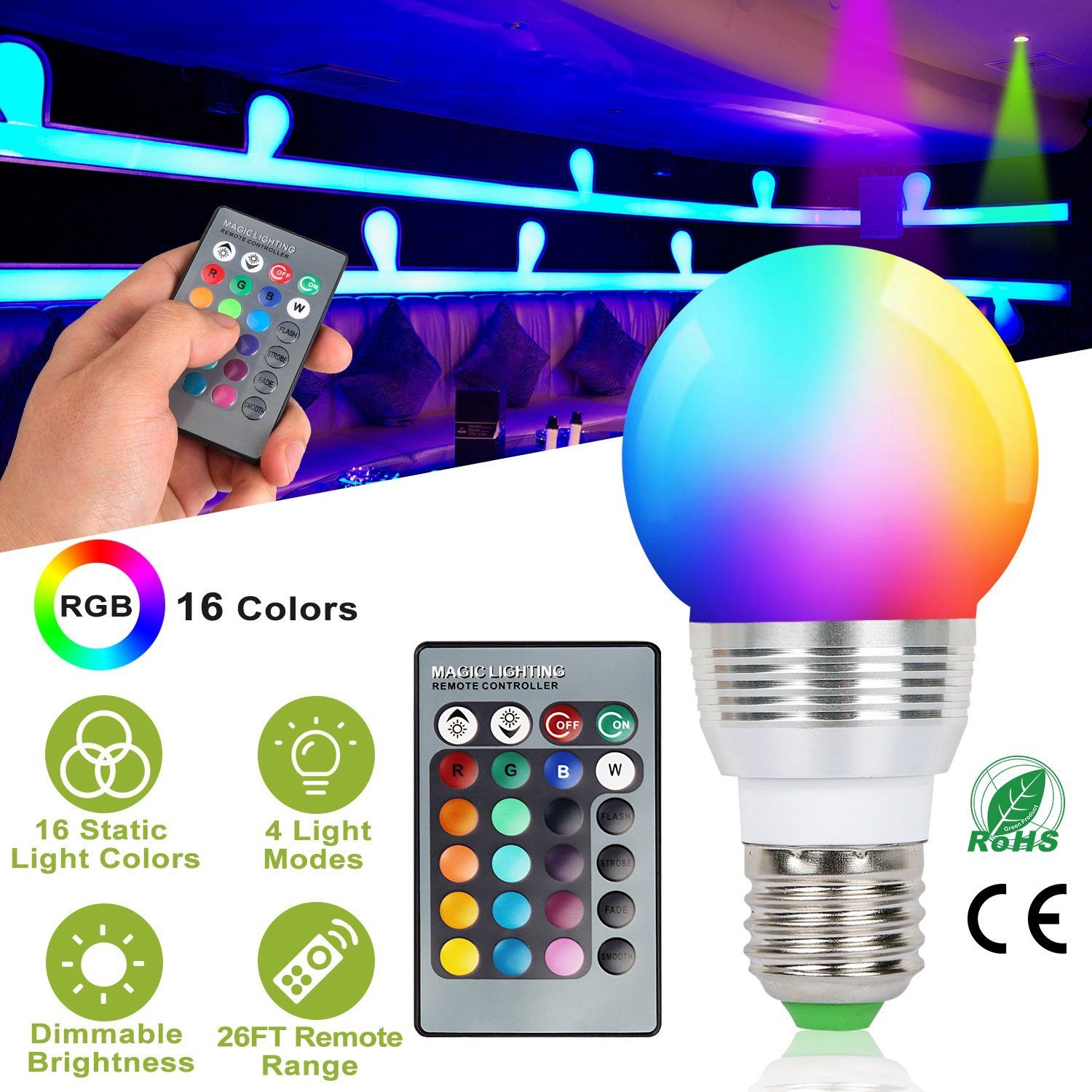 16 Colors Change LED Bulbs E27 3W RGD Dimmable Mood Lighting Lamp __stock:100 Indoor Lighting Low stock refund_fee:800 Warranty