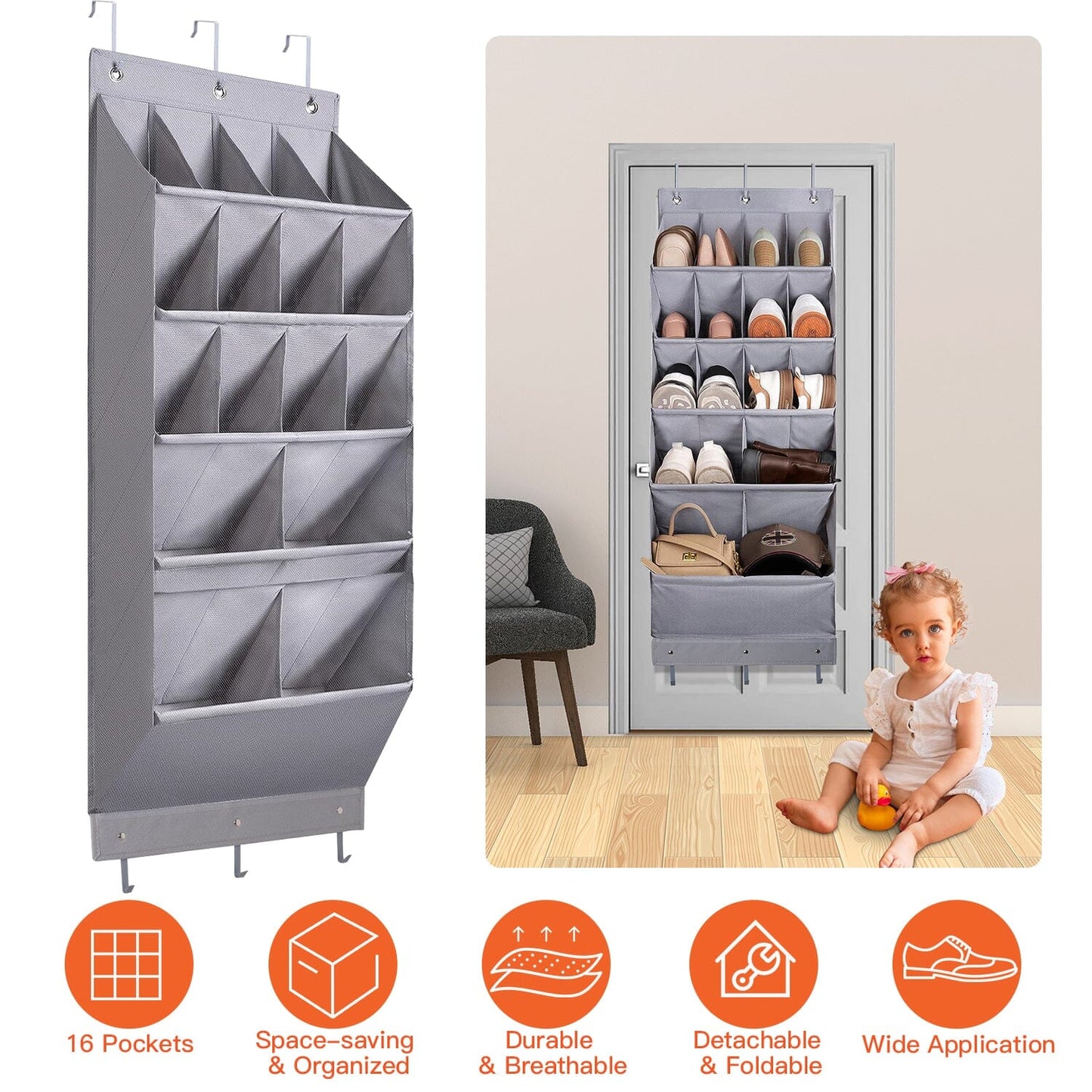 16 Pockets Over The Door Shoe Organizer 5 Tier with 6 Hooks __stock:50 Closet & Storage refund_fee:1200