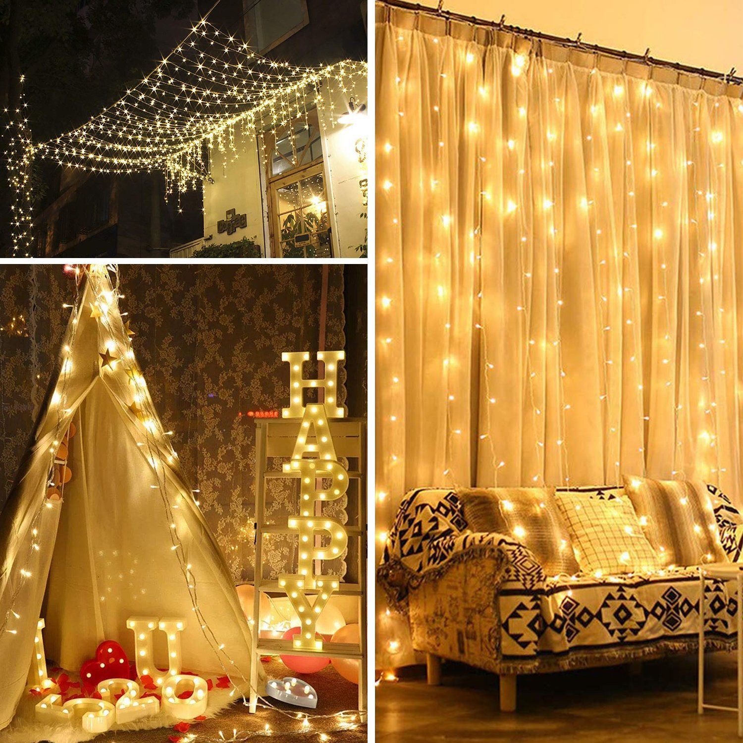 19.6 x 6.6 FT. 448 LED Warm White Waterproof String Fairy Curtain Lights __stock:100 Holiday refund_fee:1200 String & Fairy Lights Warranty