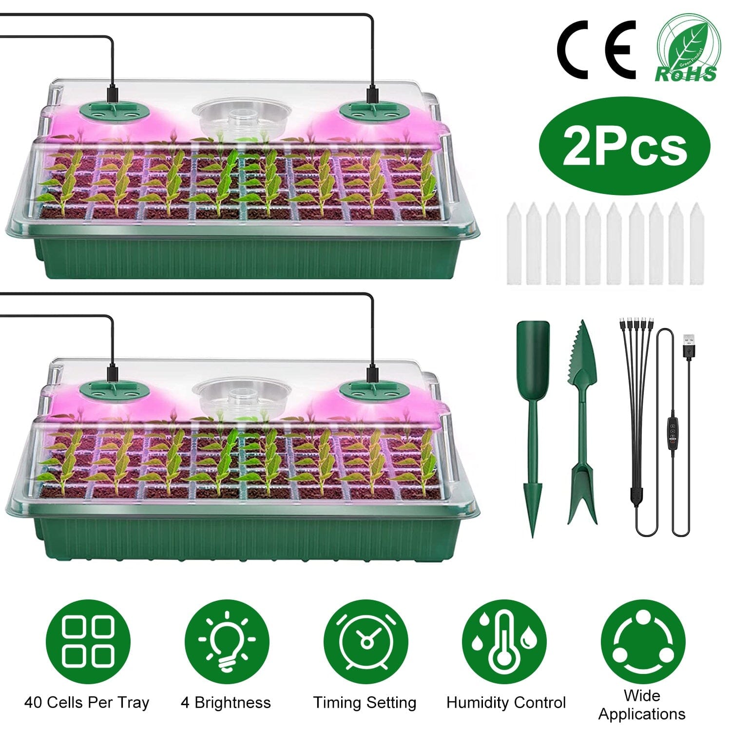 2-Pack: 40 Cell Seed Starting Tray Plant Grow Light with 4 Adjustable Brightness __stock:50 Garden & Patio Low stock refund_fee:1200