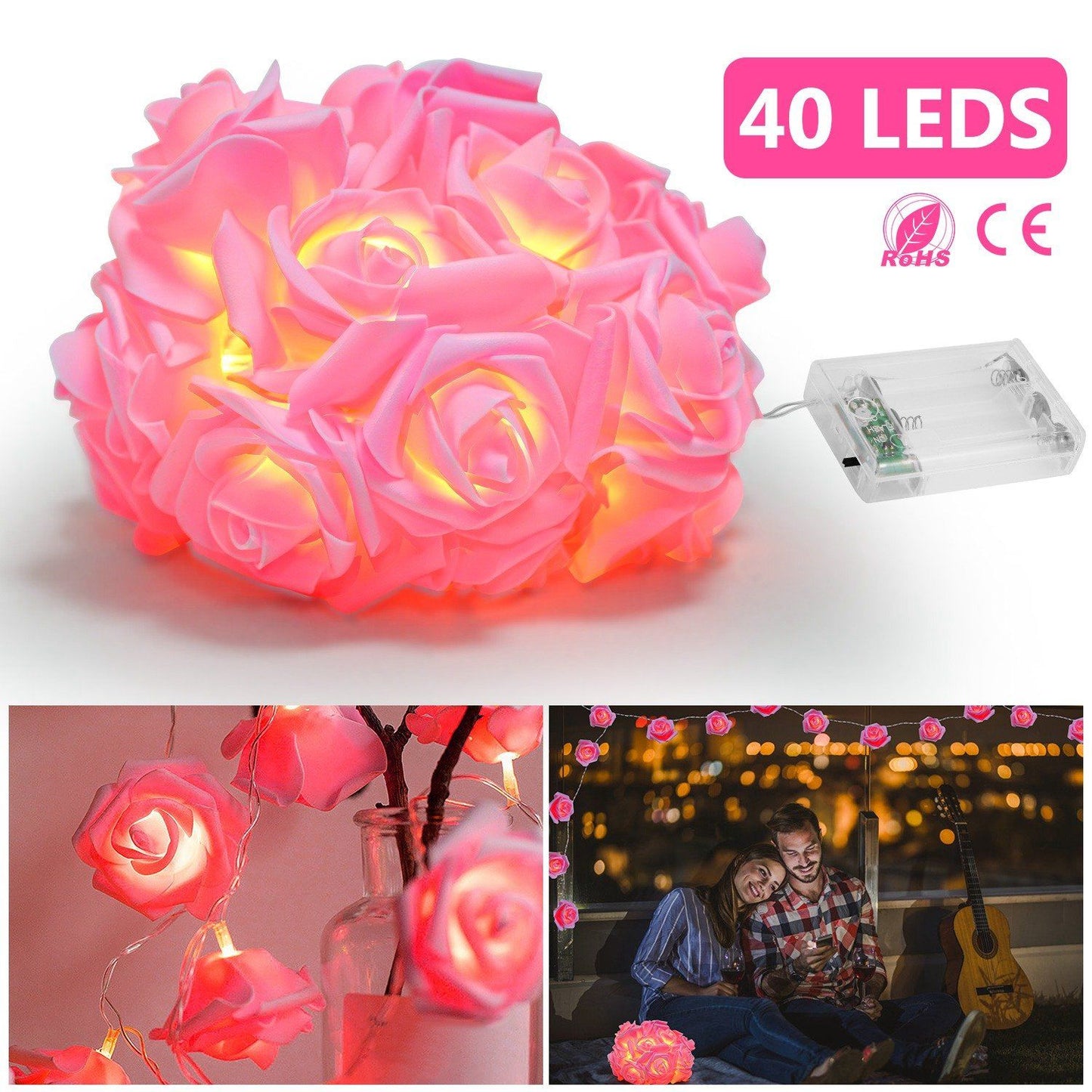 2-Pack: 40 LEDs Rose Flower String Lights __stock:150 refund_fee:800 String & Fairy Lights Warranty