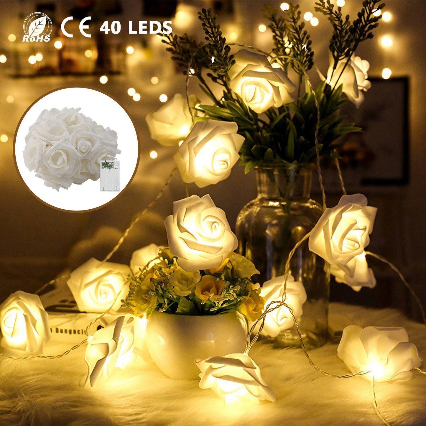 2-Pack: 40 LEDs Rose Flower String Lights __stock:150 refund_fee:800 String & Fairy Lights Warranty