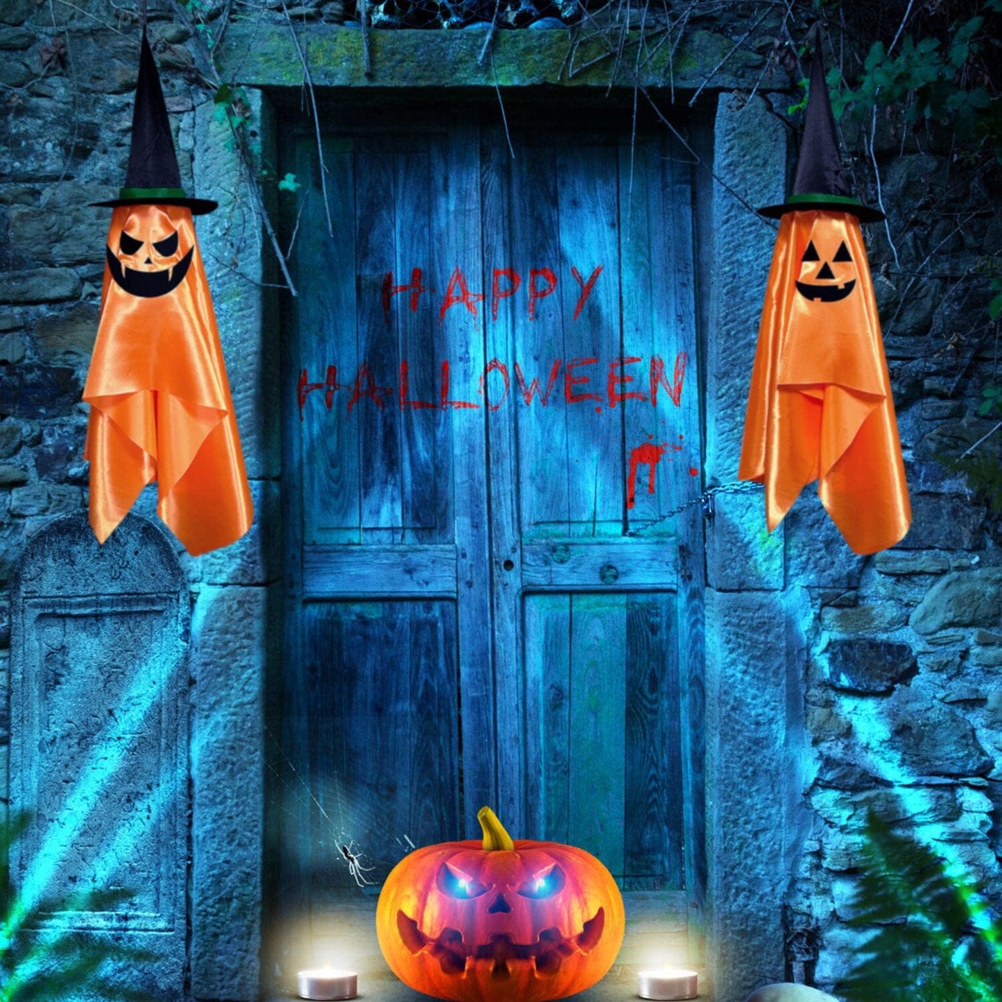 2-Pack: Hanging Ghosts with Wizard Hat Snicker Scary Face __stock:50 Holiday Decor & Apparel refund_fee:1200