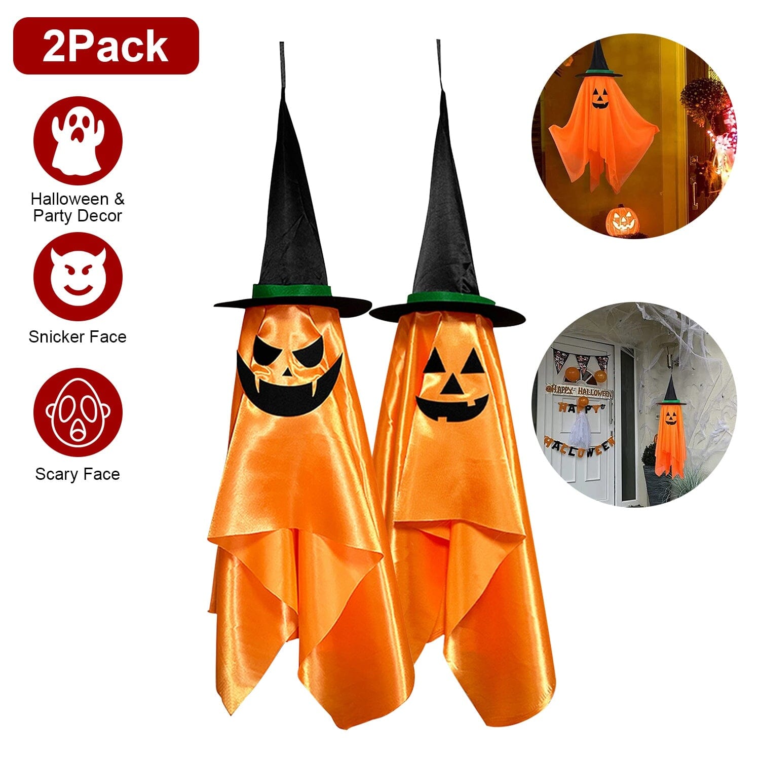 2-Pack: Hanging Ghosts with Wizard Hat Snicker Scary Face __stock:50 Holiday Decor & Apparel refund_fee:1200