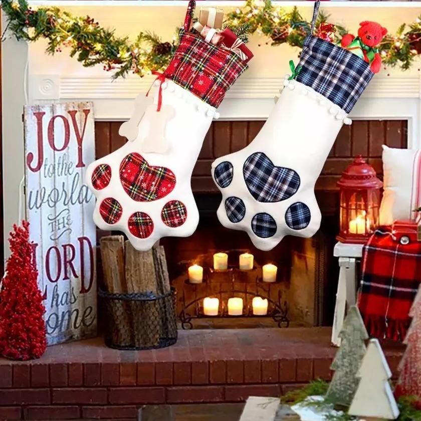 2-Pack: Plaid Christmas Pet Dog Cat Paw Hanging Stocking Socks __stock:100 Holiday Decor & Apparel refund_fee:800