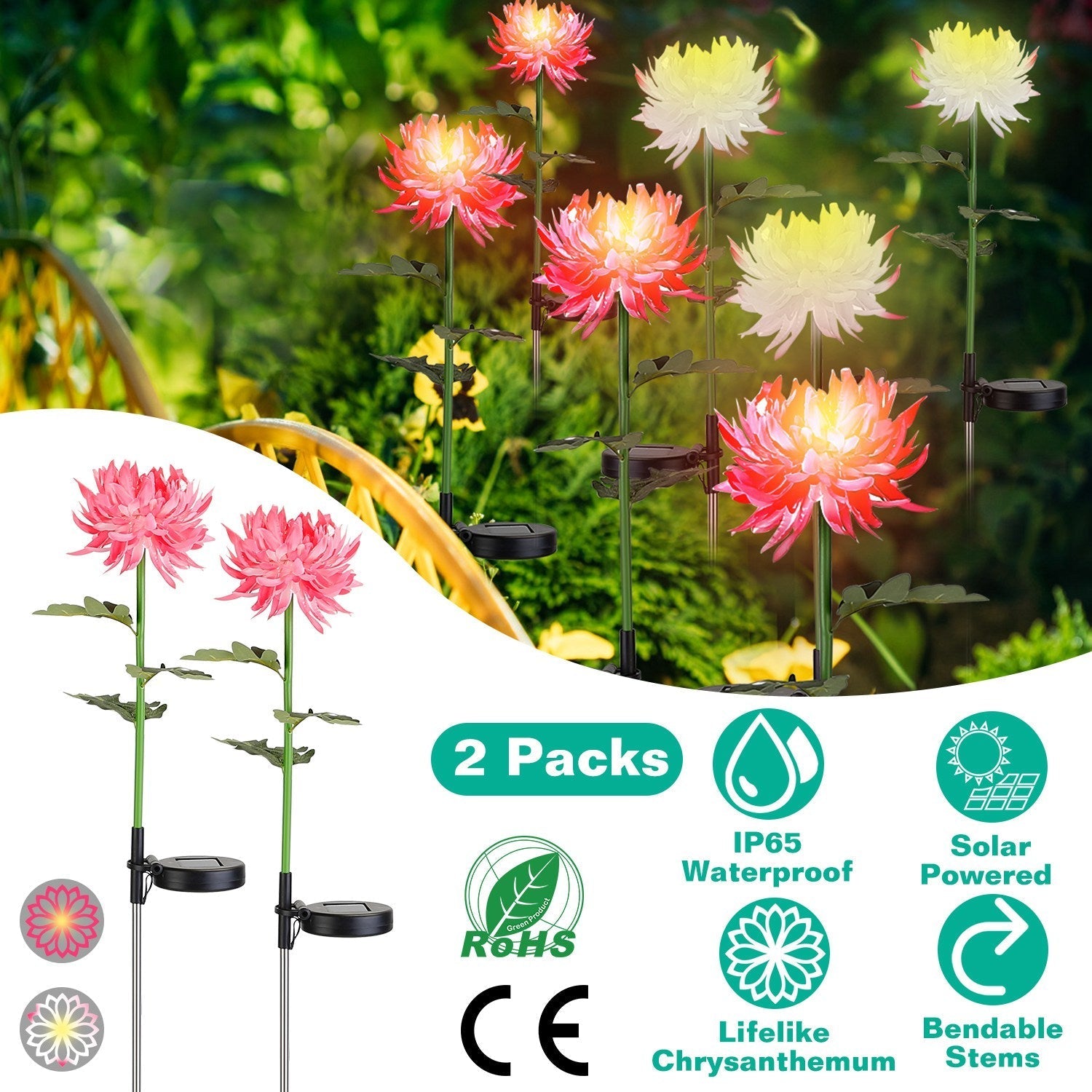 2-Pack: Solar LED Chrysanthemum Lights __stock:50 Low stock Outdoor Lighting refund_fee:1200 show-color-swatches Warranty