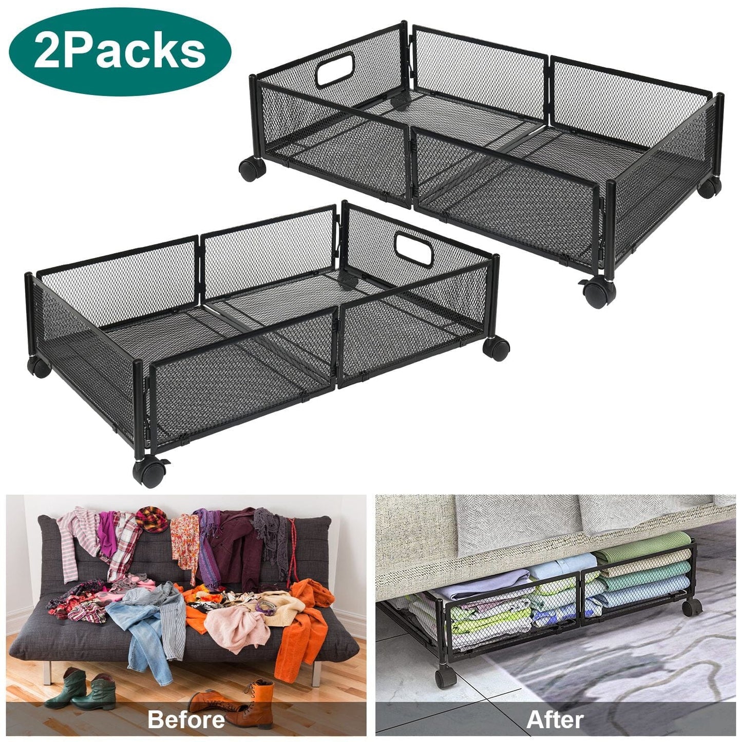 2-Pack: Under Bed Storage Container Foldable Rolling Storage Bin __stock:50 Closet & Storage Low stock refund_fee:2200