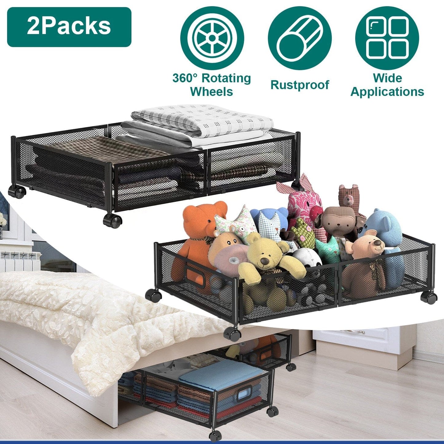 2-Pack: Under Bed Storage Container Foldable Rolling Storage Bin __stock:50 Closet & Storage Low stock refund_fee:2200