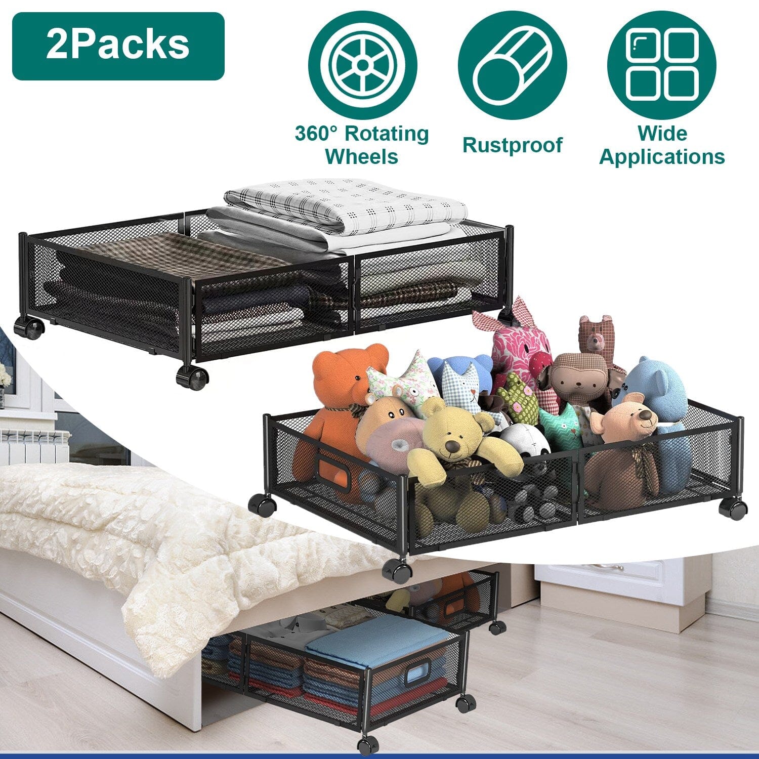 2-Pack: Under Bed Storage Container Foldable Rolling Storage Bin __stock:50 Closet & Storage Low stock refund_fee:2200