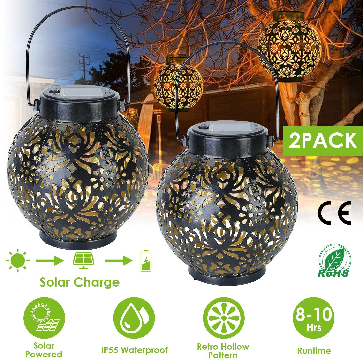 2-Piece: Solar Powered Hanging Lights __stock:50 Low stock Outdoor Lighting refund_fee:1200 Warranty