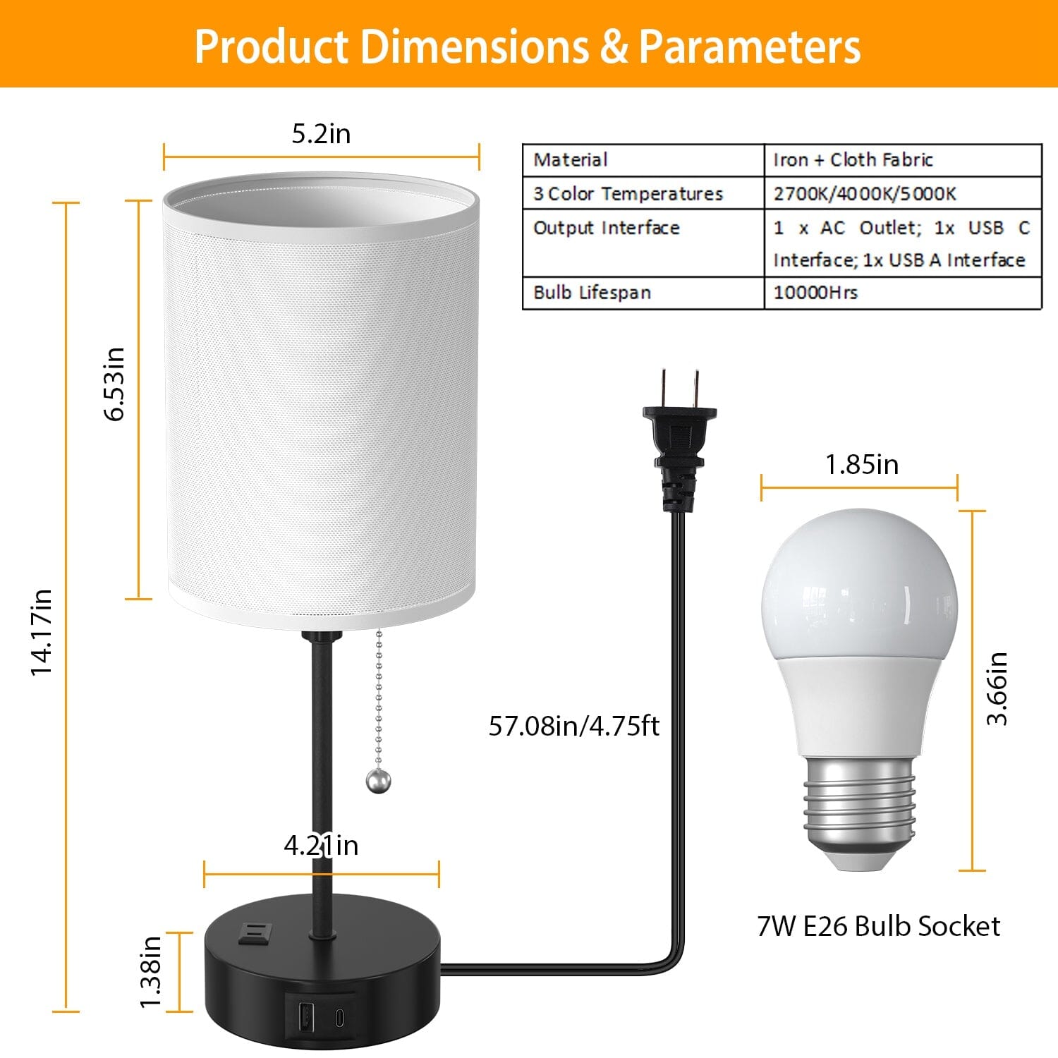 2-Pieces: Bedside Lamps 3 Color Modes USB C+A AC Output Ports Pull Chain __stock:50 Indoor Lighting Low stock refund_fee:1800 Warranty