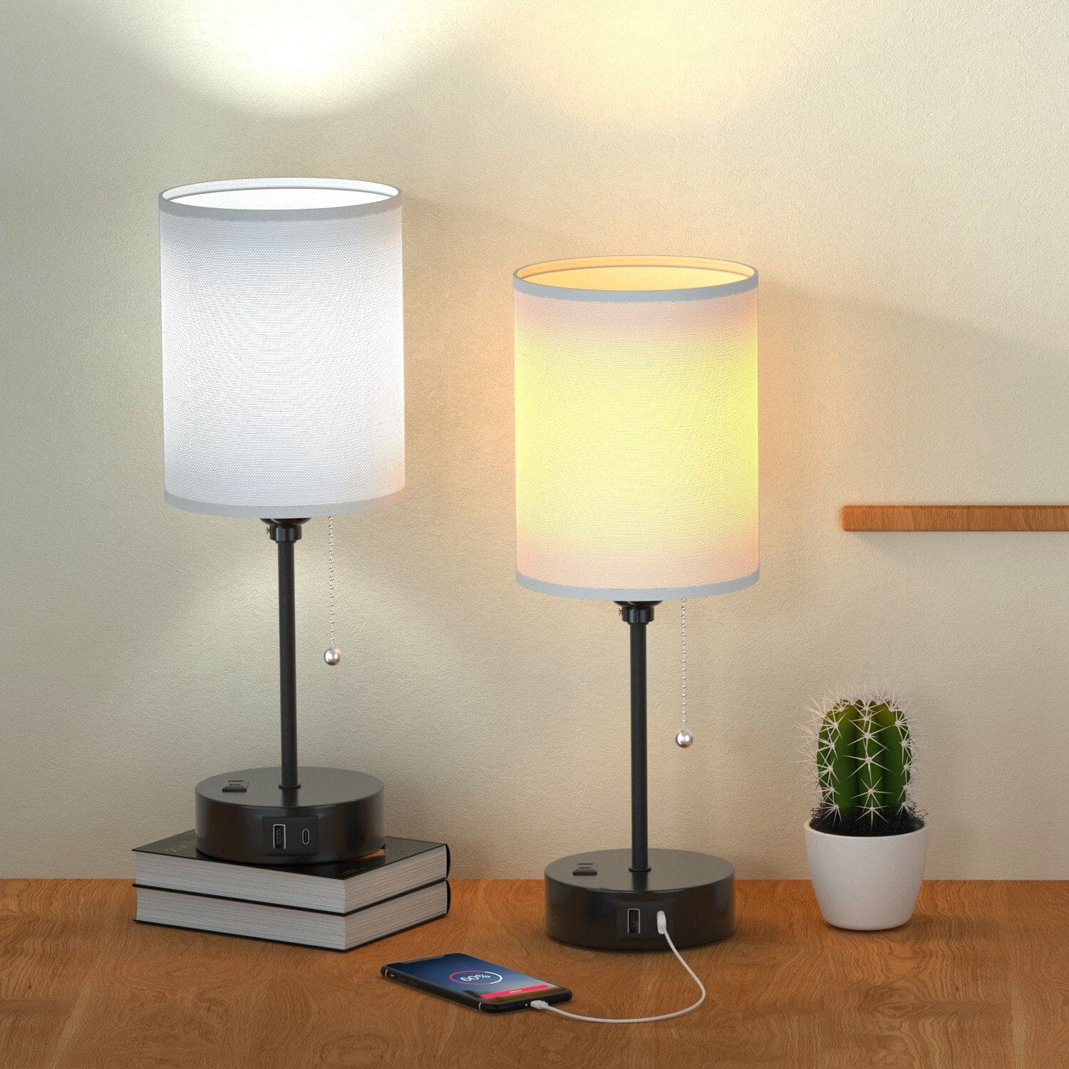 2-Pieces: Bedside Lamps 3 Color Modes USB C+A AC Output Ports Pull Chain __stock:50 Indoor Lighting Low stock refund_fee:1800 Warranty