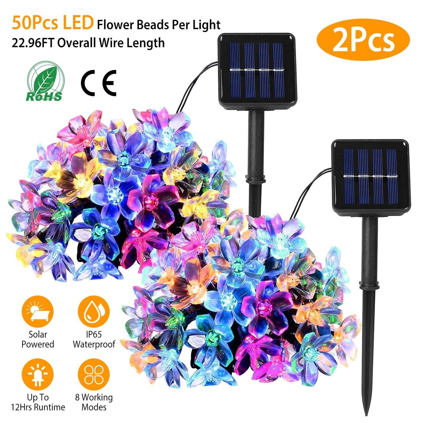 2-Pieces: Solar Power String Lights 50 LED Beads Fairy Sakura Flower __stock:50 Low stock refund_fee:1200 String & Fairy Lights Warranty