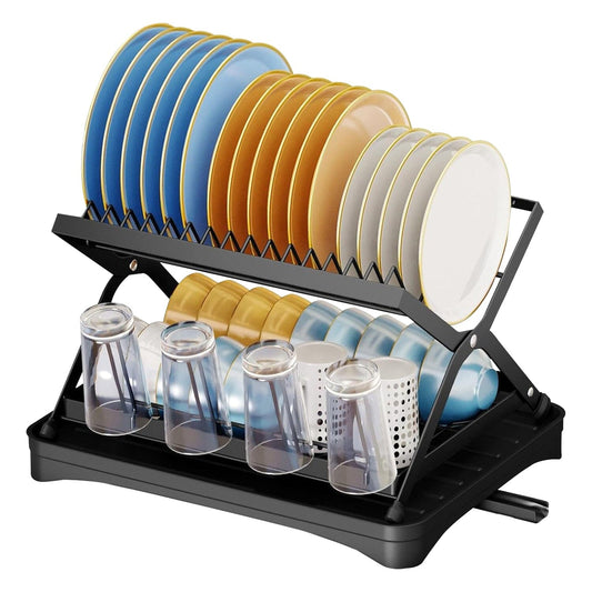 2-Tier Dish Drying Rack with Cup Holder and Drainboard __stock:50 Kitchen & Dining refund_fee:1200