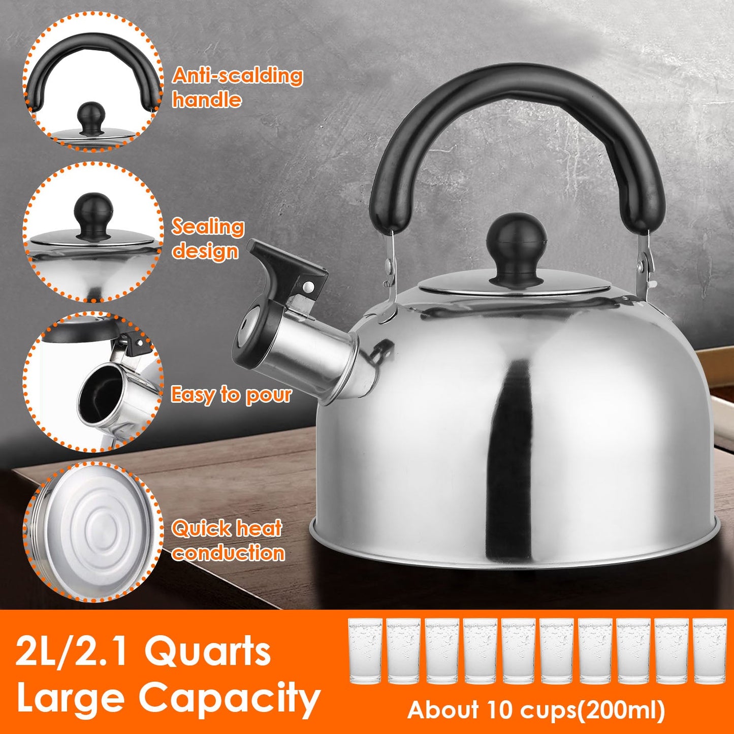 2.1 Quarts Stainless Steel Whistling Tea Kettle Stovetop Induction Gas Teapot __stock:50 Kitchen & Dining Low stock refund_fee:1200