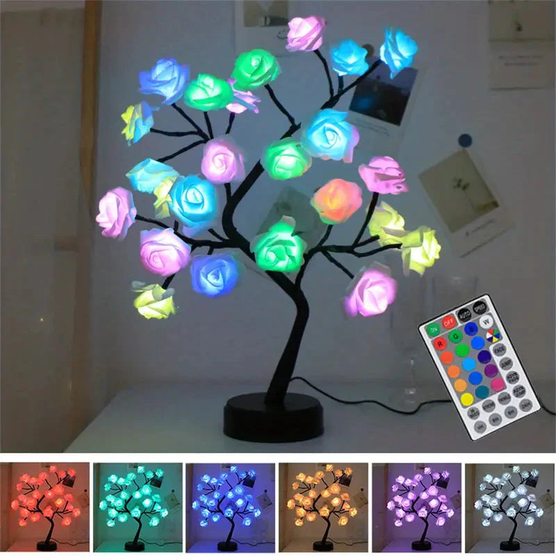 24 LED RGB 16 Colors Rose Tree Night Light Battery And USB Plug Operated Rose Flower Fairy Lights Remote Control __stock:200 Furniture and Décor refund_fee:1200