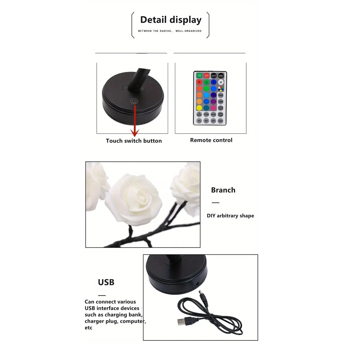 24 LED RGB 16 Colors Rose Tree Night Light Battery And USB Plug Operated Rose Flower Fairy Lights Remote Control __stock:200 Furniture and Décor refund_fee:1200